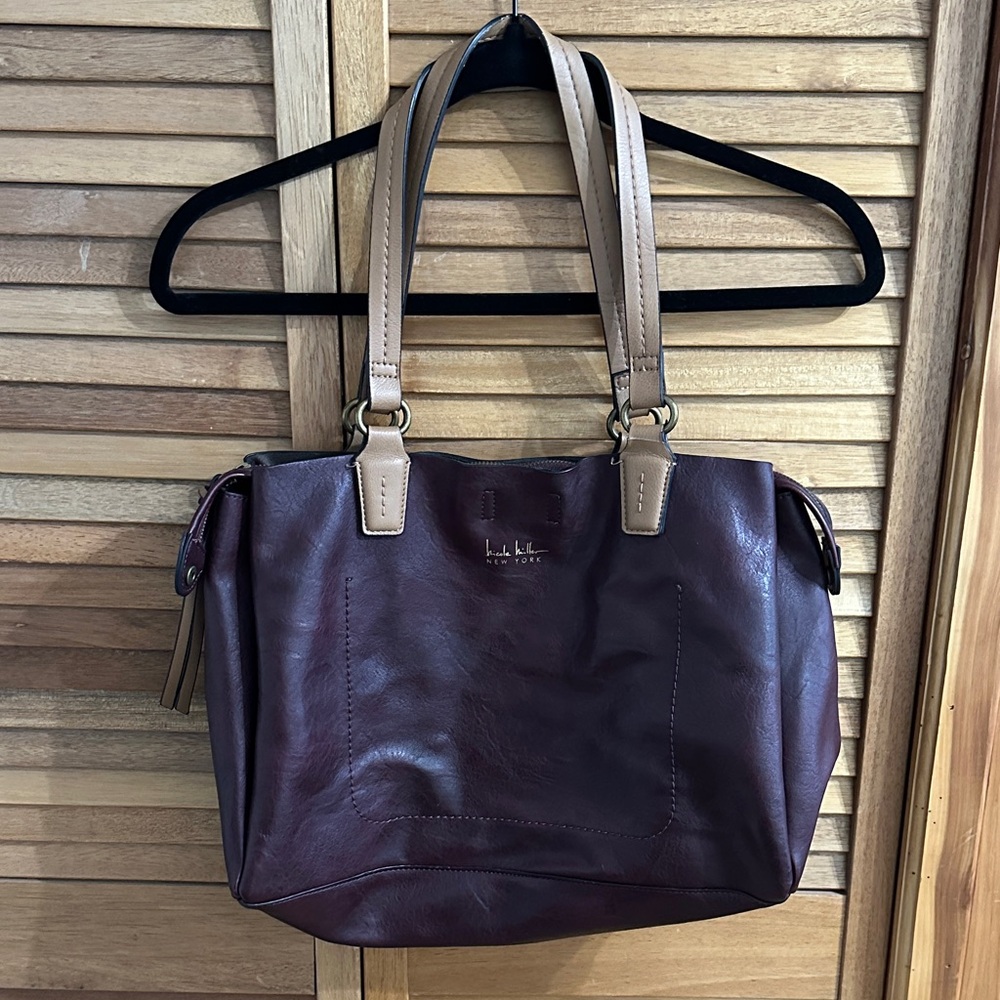 Nicole Miller Burgundy and Tan Shoulder Bag